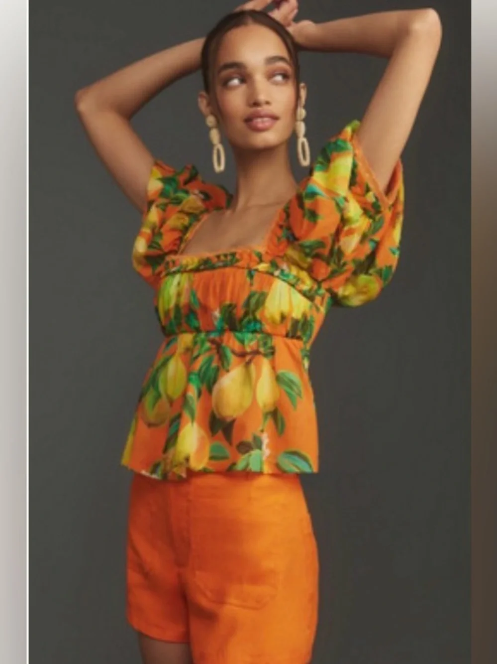 FARM Rio Orange Pear-Print Puff Sleeve Top